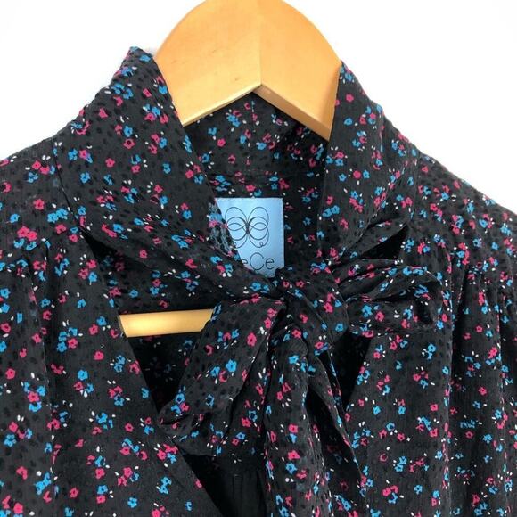 CeCe Long Sleeve Black Dress Wisttful Blooms Size 4 Retro Ditzy-floral Tie Neck - Picture 13 of 16